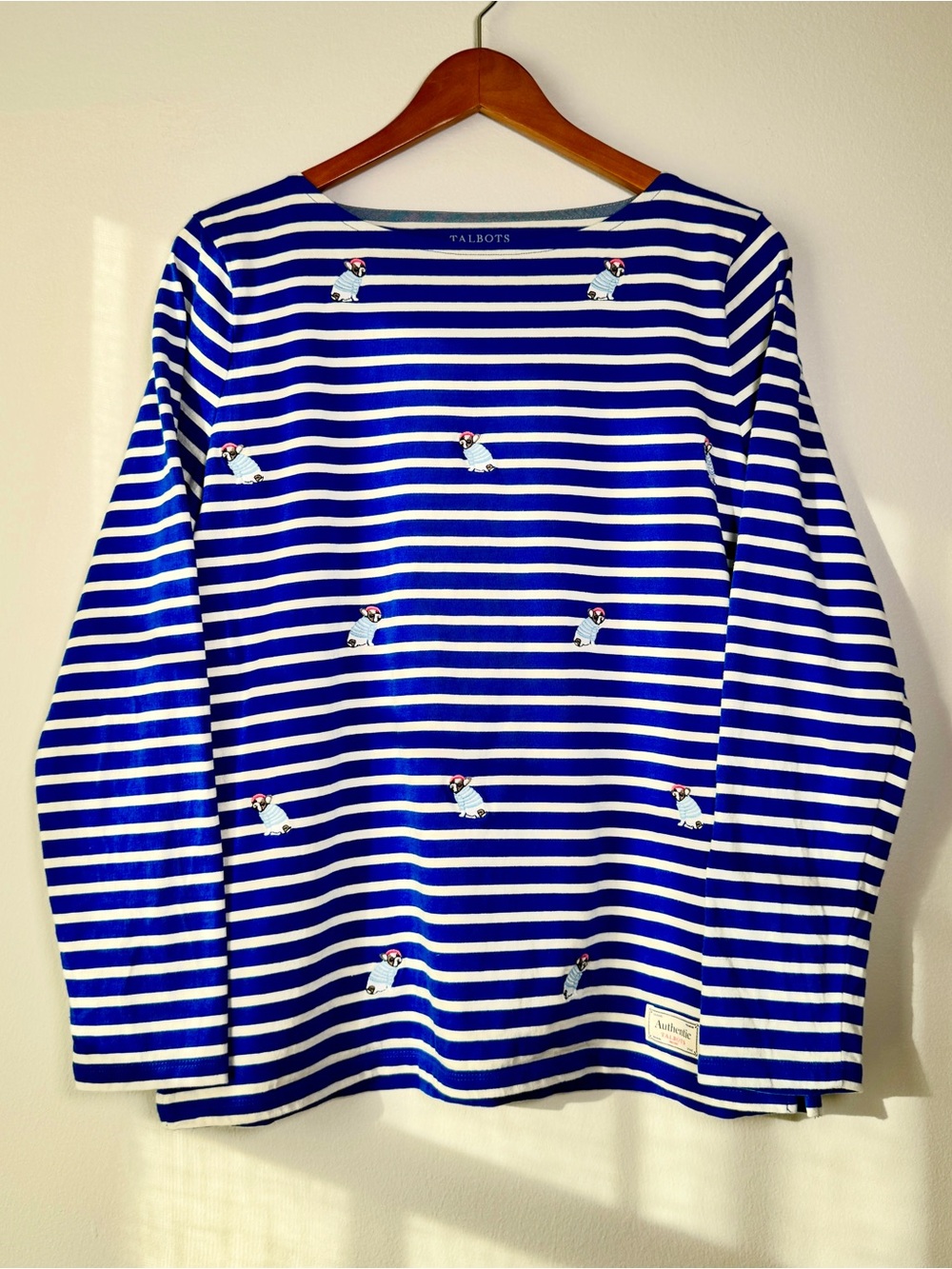 Talbots Blue White Striped Long Sleeve Embroidered Frenchie Cotton Top Size L